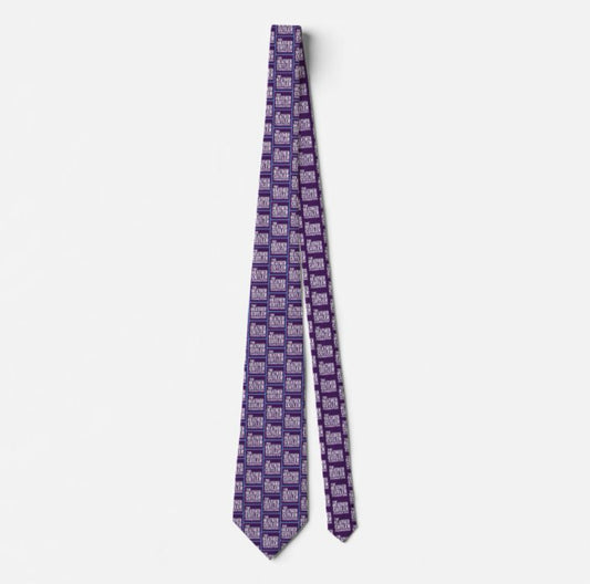 Full-length view of the Heather Cutler Foundation tie, showcasing its slim design and signature purple logo pattern.